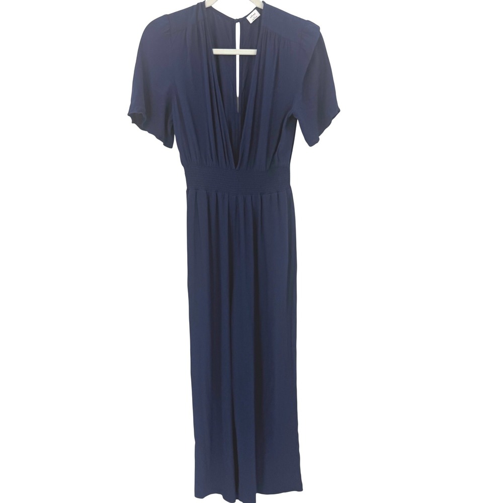 Wilfred Aritzia Navy Blue Deep V-Neck Smocked Waist Wide Leg Jumpsuit Womens M